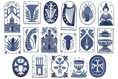 Mimari flora fauna ve soyut tasarımların yer aldığı mavi ve beyaz renkli klasik stil resimli motiflerin küratörlü bir seçimi