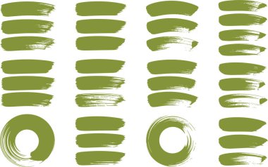 Çeşitli yeşil fırça darbeleri ve dairesel boya işaretleri koleksiyonu sanatsal veya tasarım elementleri için idealdir