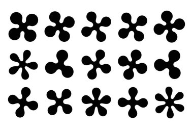 Temiz beyaz bir arkaplanda bir ızgarada sıralanmış 15 siyah, soyut organik damlacıktan oluşan bir derleme.