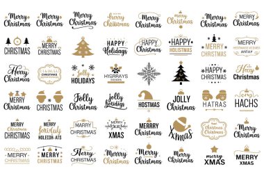 Altın ve siyah tonlarda çeşitli Noel ve bayram tipografik tasarımları.