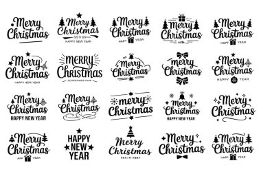 Çeşitli mutlu noeller ve yeni yıl tipografik tasarımları koleksiyonu temiz siyah-beyaz bir hisse senedi tarzıyla sunuluyor.