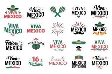 Meksika 'nın ulusal bayramlarını ve şenliklerini coşkulu renkler ve simgelerle kutlayan grafik öğelerin toplanması