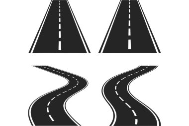 Düz ve eğri yolları temsil eden, seyahat ve seyrüsefer kavramları için uygun şerit çizgileri olan biçimlendirilmiş yol simgelerinin toplanması