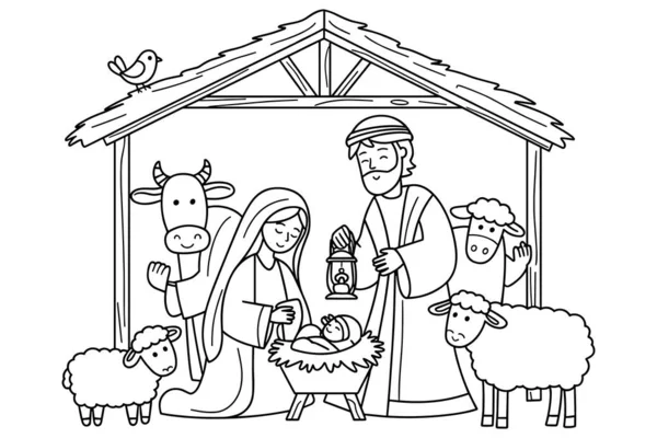 Meryem, Yusuf, bebek İsa 'nın bir ahırda, koyunda ve bir inekte olduğu İsa' nın doğumu sahnesinin basit çizimleri..
