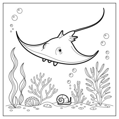 Basit bir çizgi film karikatürü okyanusta yüzen deniz yosunları ve deniz tabanında salyangoz.