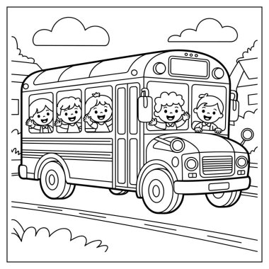 Okul otobüsünden neşe saçan çocuklar eğitim yolculukları için el sallıyorlar.