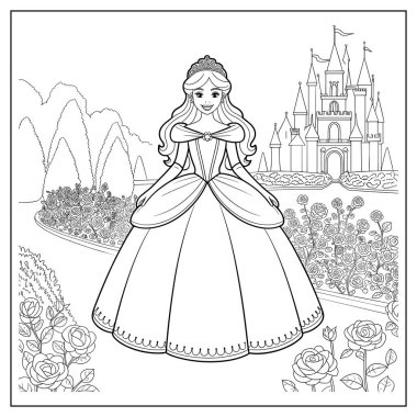 Bir prenses gül bahçesinde durur şatonun önünde boyamaya hazır eğlence için