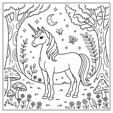 Tuhaf çizgiler, tuhaf elementlerle süslü bir ormanda tek boynuzlu at gibi.