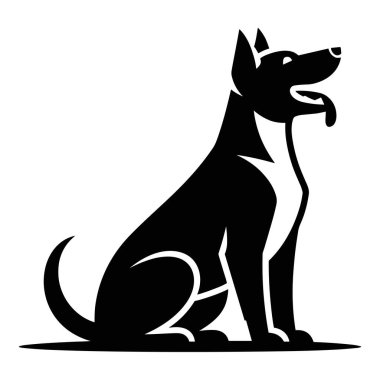 Beyaz arkaplan çizelgesine karşı dikkatle oturan dilli siyah köpek silueti