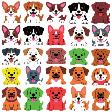 Çok çeşitli sevimli köpek yavrularının beyaz arkaplana karşı eğlenceli pozlar verdiği büyüleyici karikatür çizimleri.