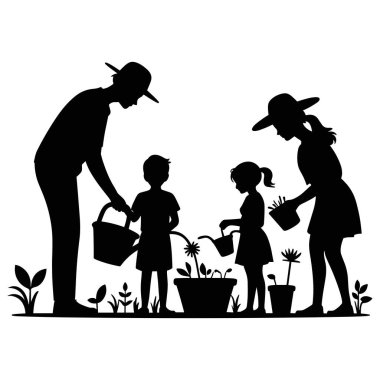 Bir aile ve çocukların siluetleri bahçedeki saksı bitkilerini ve çiçekleri suluyor.