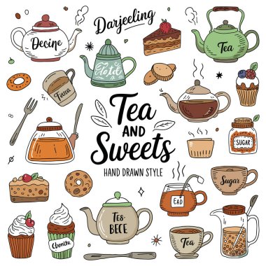 Çayla ilgili öğeler ve tatlıların Doodle stili mutfak veya içecek temaları için mükemmeldir
