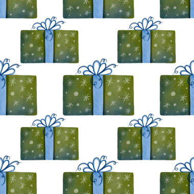 Yeşil kutuları olan kusursuz bir desen. El yapımı suluboya çizimi. Tatil dekorasyonu, kartlar ve kumaşlar için mükemmel..