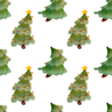 Noel ağaçları ve şenlikli çelenklerle kusursuz bir desen. El yapımı suluboya çizimi. Tatil süslemeleri, kartlar ve tekstil için mükemmel..