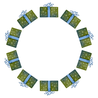Mavi kurdelelerle süslenmiş yeşil hediye kutularıyla süslü yuvarlak çerçeve. Yazdırma, kart ve dekor için uygun suluboya çizimi.