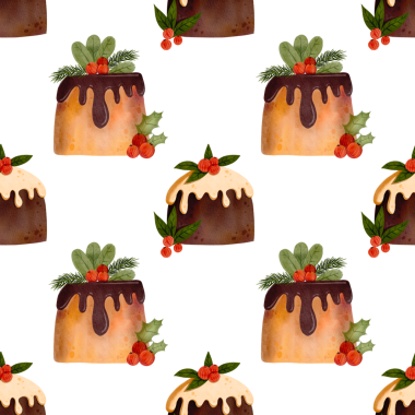 Çikolatalı pastayla kusursuz bir Noel deseni. Noel pastası, krema, çoban püskülü ve kırmızı böğürtlenlerle süslenmiş. Kış festivali meyveli kek, meyveli tatlı. Suluboya çizimi.