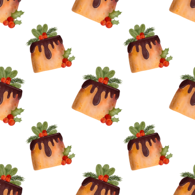 Çikolatalı pasta içeren sade ve pürüzsüz bir Noel deseni. Noel pastası, krema, çoban püskülü ve kırmızı böğürtlenlerle süslenmiş. Kış tatili meyveli kek, meyveli tatlı. Suluboya çizimi.