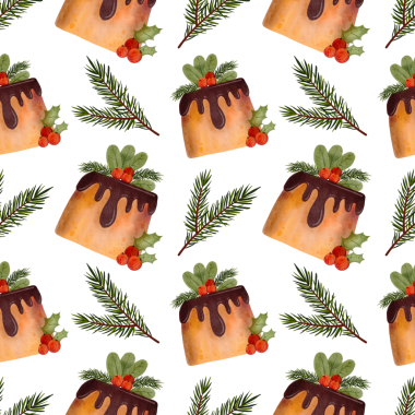 Çikolatalı kek ve köknar dallı kusursuz Noel deseni. Noel pastası, krema, çoban püskülü ve kırmızı böğürtlenlerle süslenmiş. Kış festivali meyveli kek, meyveli tatlı. Suluboya çizimi.