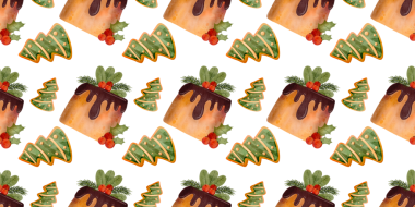 Kusursuz bir Noel modeli. Çikolatalı pasta ve Noel ağacı şeklinde zencefilli ekmek. Noel pastası, krema, çoban püskülü ve kırmızı böğürtlenlerle süslenmiş. Kış festivali meyveli kek, meyveli tatlı. Suluboya çizimi.