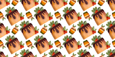 Kusursuz bir Noel modeli. Çikolatalı kek ve kek. Noel pastası, krema, çoban püskülü ve kırmızı böğürtlenlerle süslenmiş. Kış festivali meyveli kek, meyveli tatlı. Suluboya çizimi.