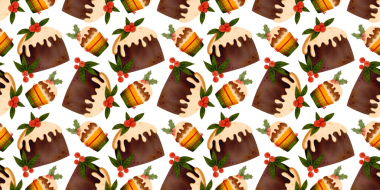 Kusursuz yatay Noel şablonu. Çikolatalı kek. Noel pastası, krema, çoban püskülü ve kırmızı böğürtlenlerle süslenmiş. Kış festivali meyveli kek, meyveli tatlı. Suluboya çizimi.