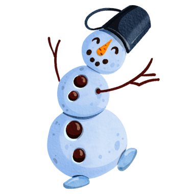 Kova şapkalı komik, neşeli kardan adam. El çizimi suluboya çizimi.