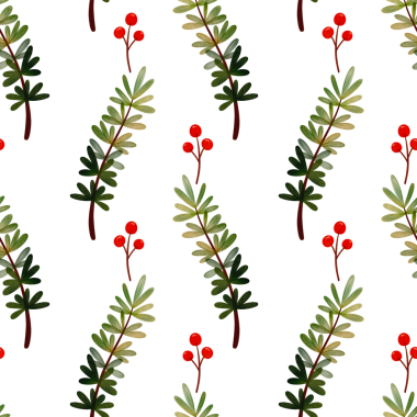 Sulu boya, yeşil dallar ve böğürtlenlerle kusursuz desen. El yapımı Noel süsü. Kış arkaplanı.