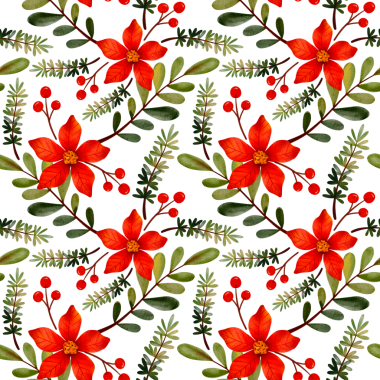 Noel çiçekleri ve kış meyveleriyle kusursuz desen. Suluboya elle çizilmiş botanik süsü.
