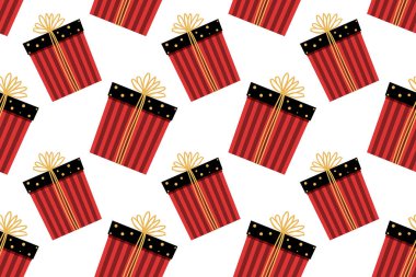 Noel ya da doğum günü hediyesi olan yatay şenlikli kusursuz desen. Düz stil şirin hediye kutusu. Kağıtlar, posterler, ambalajlar, hatıra defterleri ve desenler için samimi illüstrasyon.