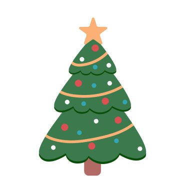 Çelenkli şirin bir Noel ağacı. Düz stil ile kış tatili illüstrasyonu.
