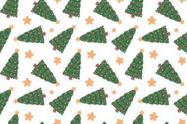 Noel süsleri ve yıldızlarla süslenmiş yeni yıl ağacıyla kusursuz bir desen. El yapımı tasarım elementleri. İyi tatiller..