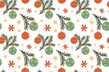 Kusursuz desen. El yapımı Noel ağacı süslemeleri ve yeşil bir köknar dalı. Düz stil Noel dekorunun şenlikli çizimi.