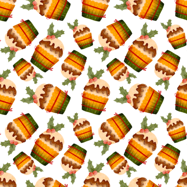 Kusursuz desen. Noel çikolatalı keki. Krema, Holly ve kırmızı böğürtlenlerle süslenmiş kutlama pastası. Kış tatili meyveli kek, meyveli tatlı. Suluboya çizimi.