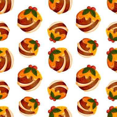 Kusursuz desen. Bayramlık çikolatalı tatlı. Noel kurabiyeleri krema, çoban püskülü ve kırmızı böğürtlenlerle süslenmiş. Kış tatili meyveli keki. Suluboya çizimi.