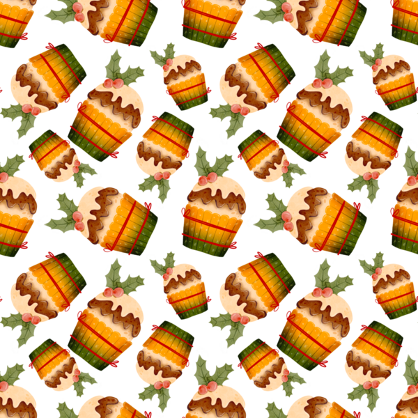 Kusursuz desen. Noel çikolatalı keki. Krema, Holly ve kırmızı böğürtlenlerle süslenmiş kutlama pastası. Kış tatili meyveli kek, meyveli tatlı. Suluboya çizimi.