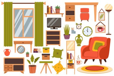 Arka planda izole edilmiş, düz bir oturma odası mobilyası seti. İllüstrasyon bir koltuk, raflar ve dekoratif öğeler içerir.