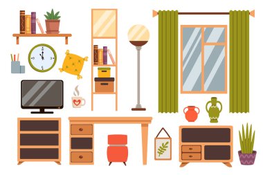 Arka planda izole edilmiş, düz bir oturma odası mobilyası seti. Resimlerde bir tablo, raflar, perdeler ve dekoratif öğeler yer alıyor..