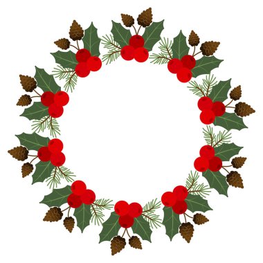 Noel için yuvarlak bir çelenk. Kızıl Yeni Yıl aralığı. Köknar dalları, çoban püskülleri ve kozalaklarla süslenmiş..