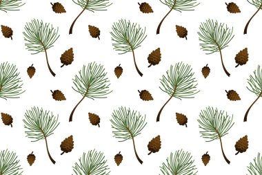 Köknar dalları ve çam kozalaklarının kusursuz deseni. Yeşillik içeren renkli bir süs..