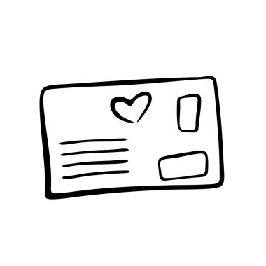 Kalbi olan bir kartpostalın basit bir tasviri. Sevimli karalama tarzı sevgililer günü kartı..