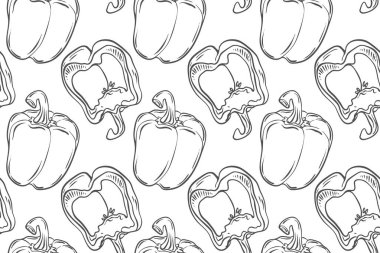 Biberli hatları kusursuz. Sebze ve dilimlerin karalama çizimi. Sağlıklı yeme illüstrasyonu.