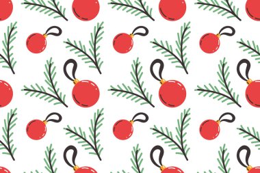 Noel ağacı süslemeleri ve köknar dalları olan şenliksiz bir şablon. Yeşiller ve kırmızı süsler düz bir şekilde.