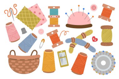 Dikiş seti, elle çizilmiş düz stil dikiş aletleri ve aksesuarları. Nakış halkaları, saklama sepeti, iplik ve iğneler. El işleri ve hobiler için..