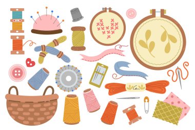 Dikiş seti, elle çizilmiş düz stil dikiş aletleri ve aksesuarları. Nakış halkaları, saklama sepeti ve iplikler dahil. El işleri ve hobiler için..