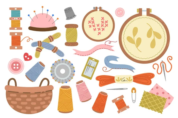 Dikiş seti, elle çizilmiş düz stil dikiş aletleri ve aksesuarları. Nakış halkaları, saklama sepeti ve iplikler dahil. El işleri ve hobiler için..