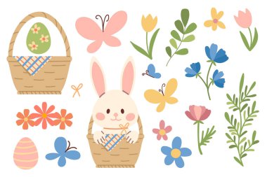 Parlak yaz doğası. Kelebekler, çiçekler, yapraklar ve bir sepetle bahar seti. Düz tasarım tarzında elle çizilmiş illüstrasyon.