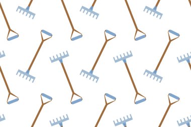 Bahçe tırmıklarıyla kusursuz desen. Düz çizimler serisi. Bitki yetiştirme, bahçıvanlık ve sebze yetiştirme araçları.