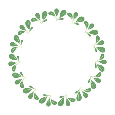 Narin yeşil marul yapraklı yuvarlak çerçeve. El yapımı renkli marul yaprakları, sebzeler ve mutfak gereçleri. Sağlıklı organik ürünler. Taze, sağlıklı sebzeler..