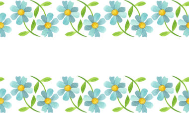 Mavi çiçekler ve yeşil yapraklarla kusursuz bir sınır. Basit düz bir şekilde suluboya çiçek çizimi.