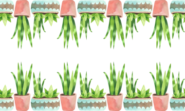 Yeşil saksı bitkileriyle kusursuz bir sınır. Basit düz bir şekilde suluboya çiçek çizimi.